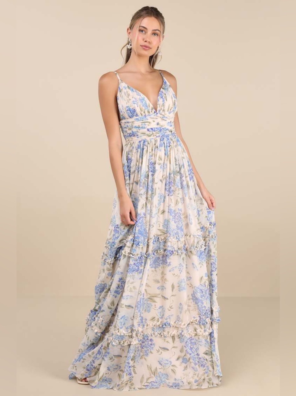 NWOT Lulus Niora Beige and Blue Floral Pleated Maxi Dress